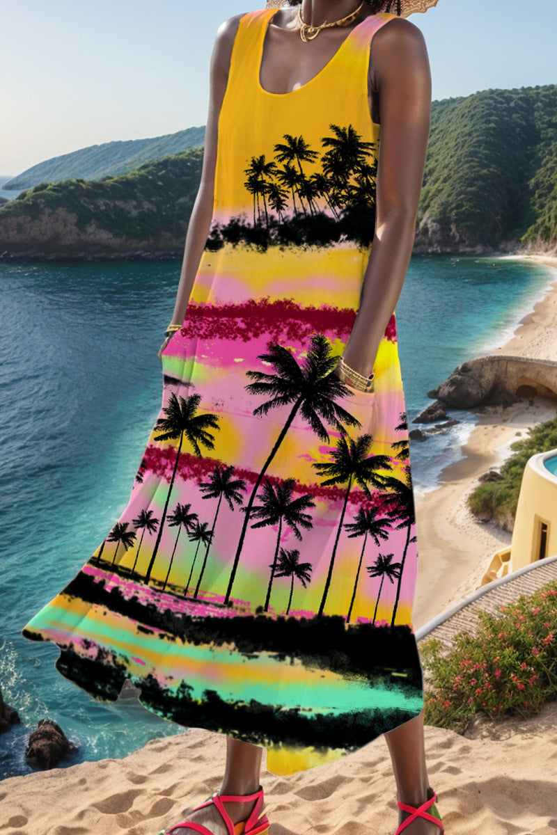 Casual Print Basic U Neck Vest Dress Dresses - Fashionpara