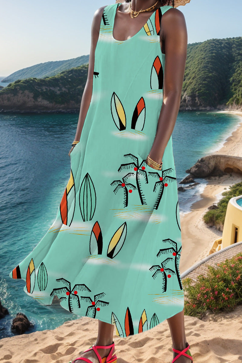 Casual Print Basic U Neck Vest Dress Dresses - Fashionpara