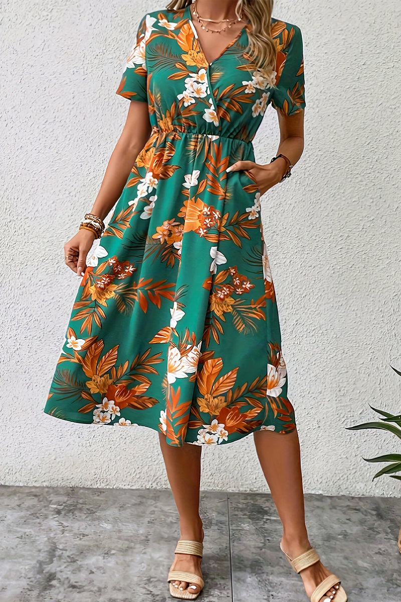 Vintage Elegant Floral Pocket V Neck Printed Dress Dresses - Fashionpara
