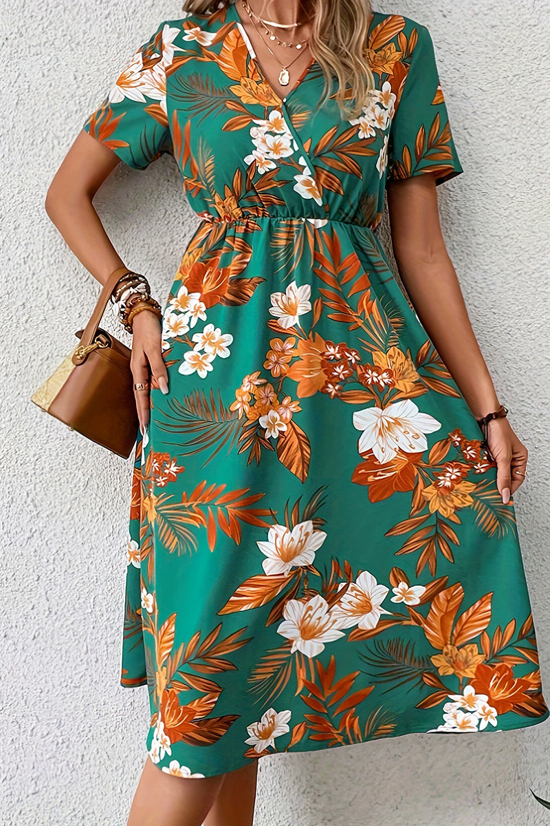 Vintage Elegant Floral Pocket V Neck Printed Dress Dresses - Fashionpara