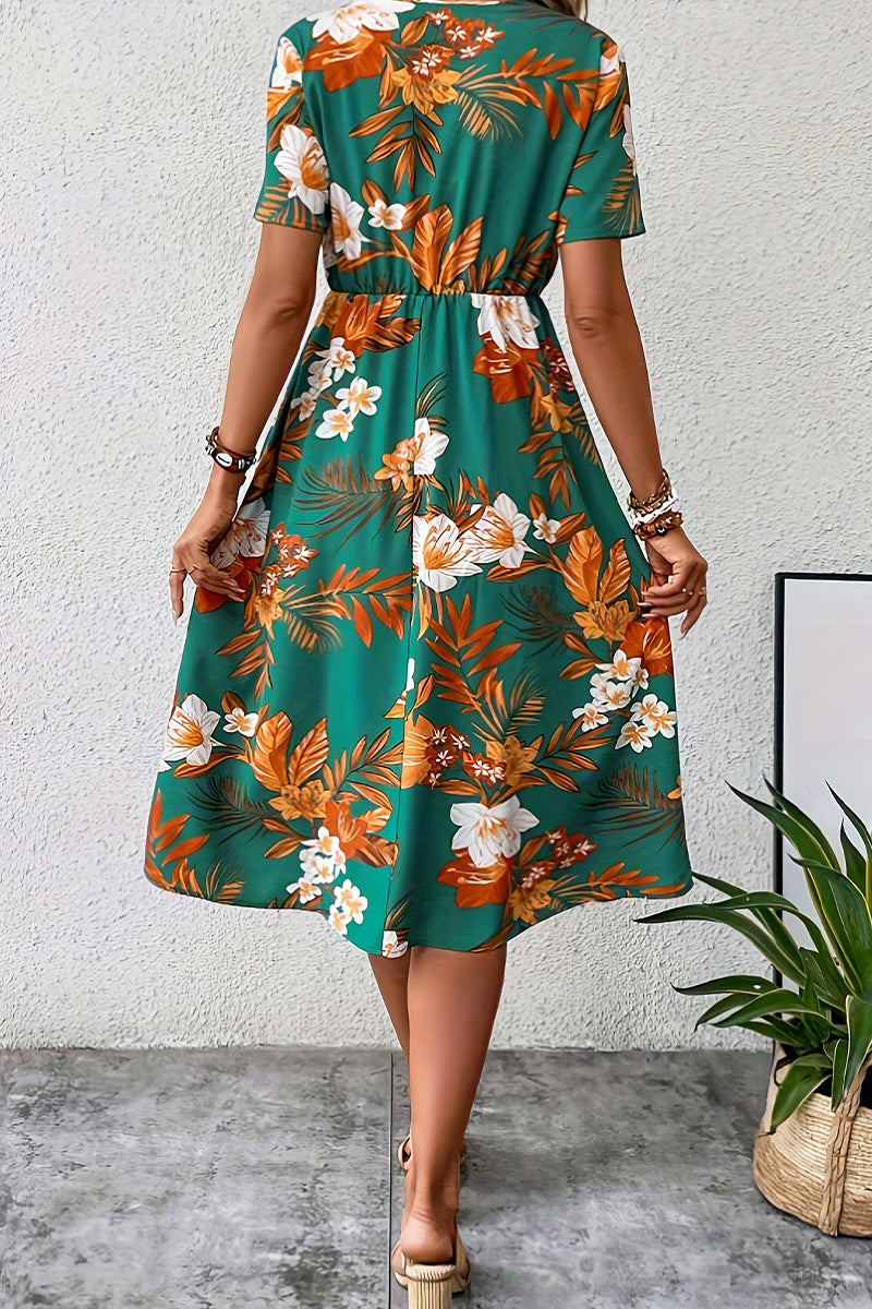 Vintage Elegant Floral Pocket V Neck Printed Dress Dresses - Fashionpara