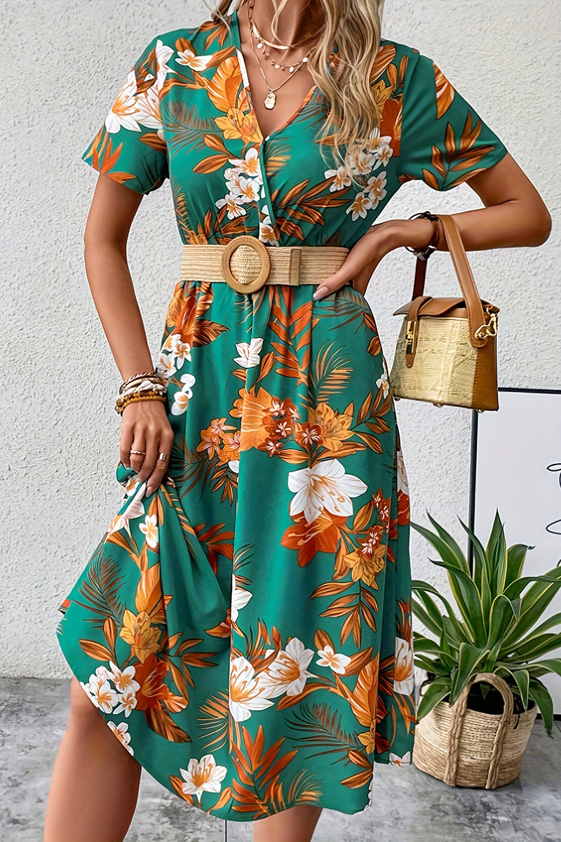 Vintage Elegant Floral Pocket V Neck Printed Dress Dresses - Fashionpara