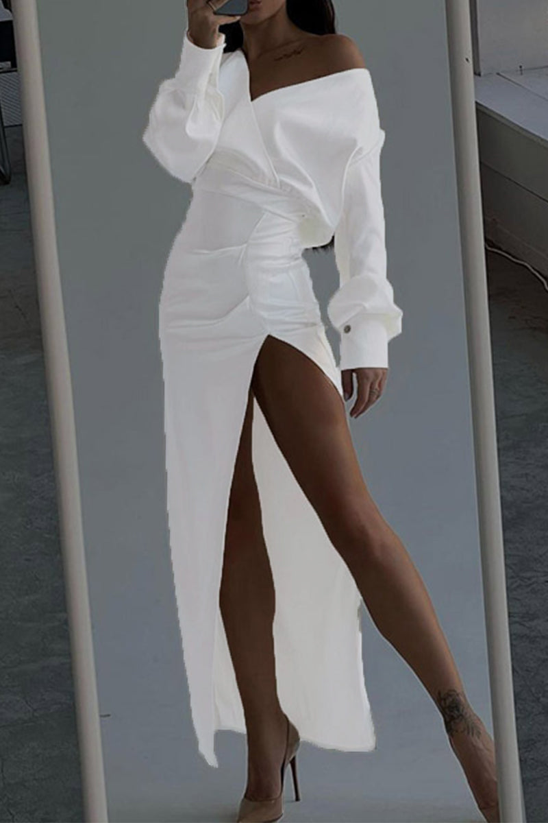 Sexy Solid Slit Asymmetrical V Neck Irregular Dress Dresses - Fashionpara