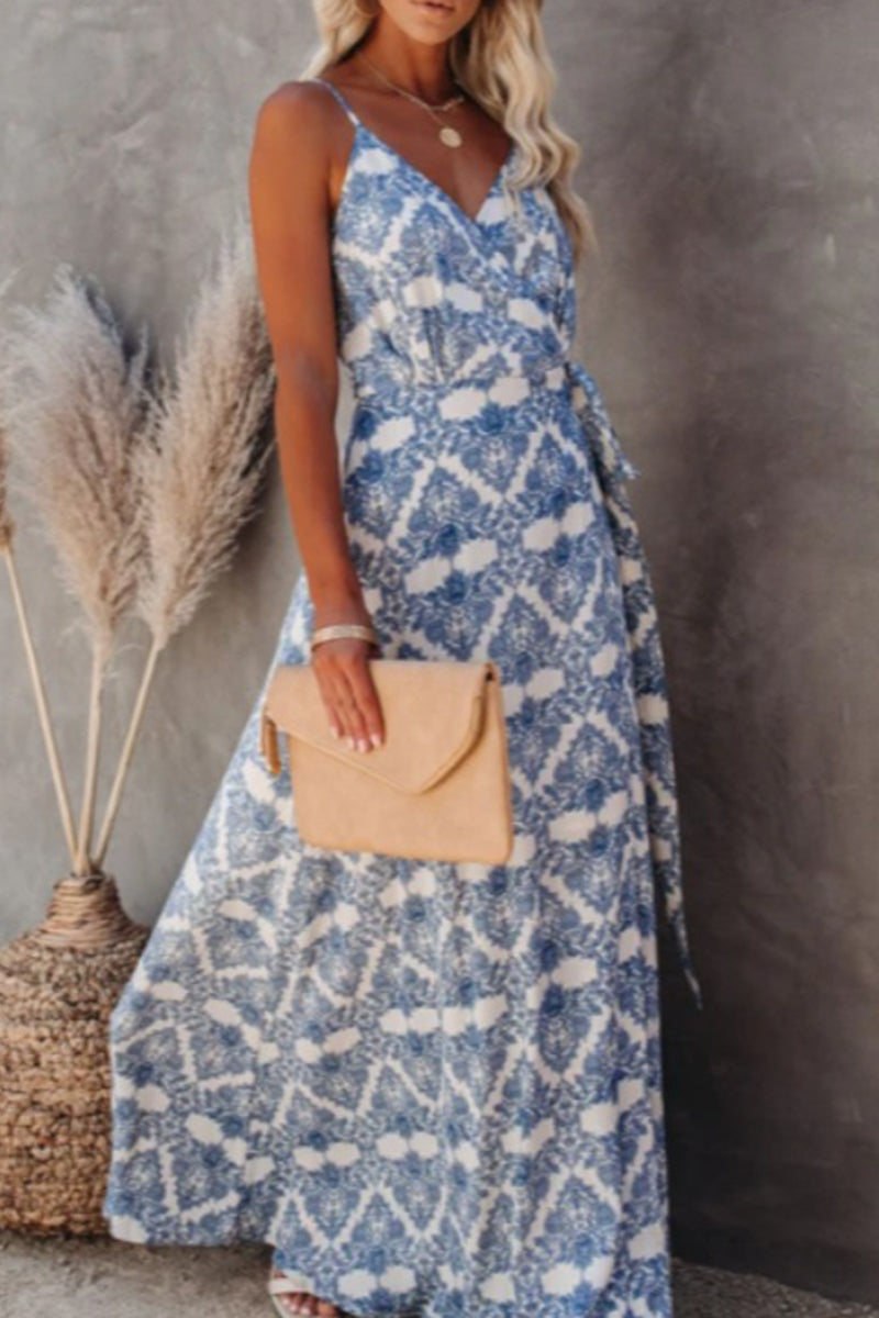 Sexy Geometric Print Backless Slit V Neck Sling Dress Dresses - Fashionpara