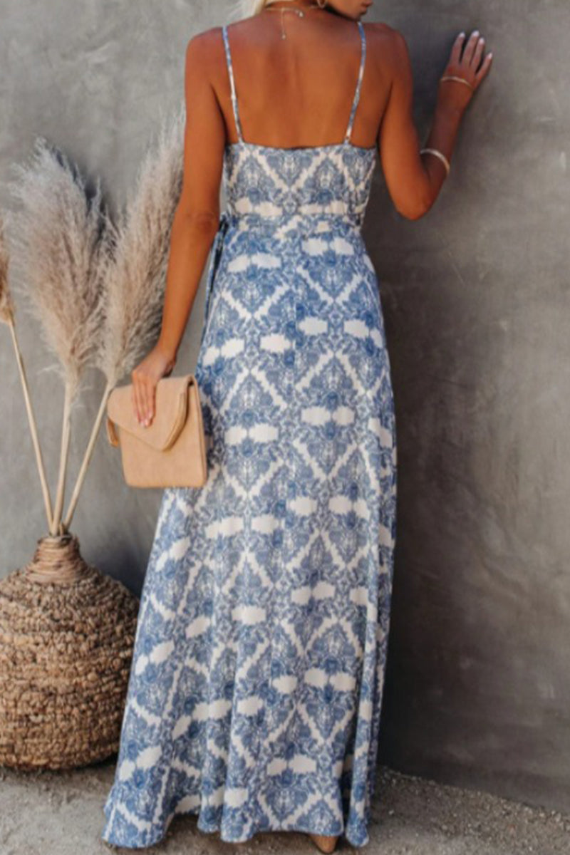 Sexy Geometric Print Backless Slit V Neck Sling Dress Dresses - Fashionpara