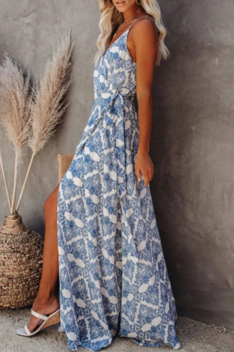 Sexy Geometric Print Backless Slit V Neck Sling Dress Dresses - Fashionpara