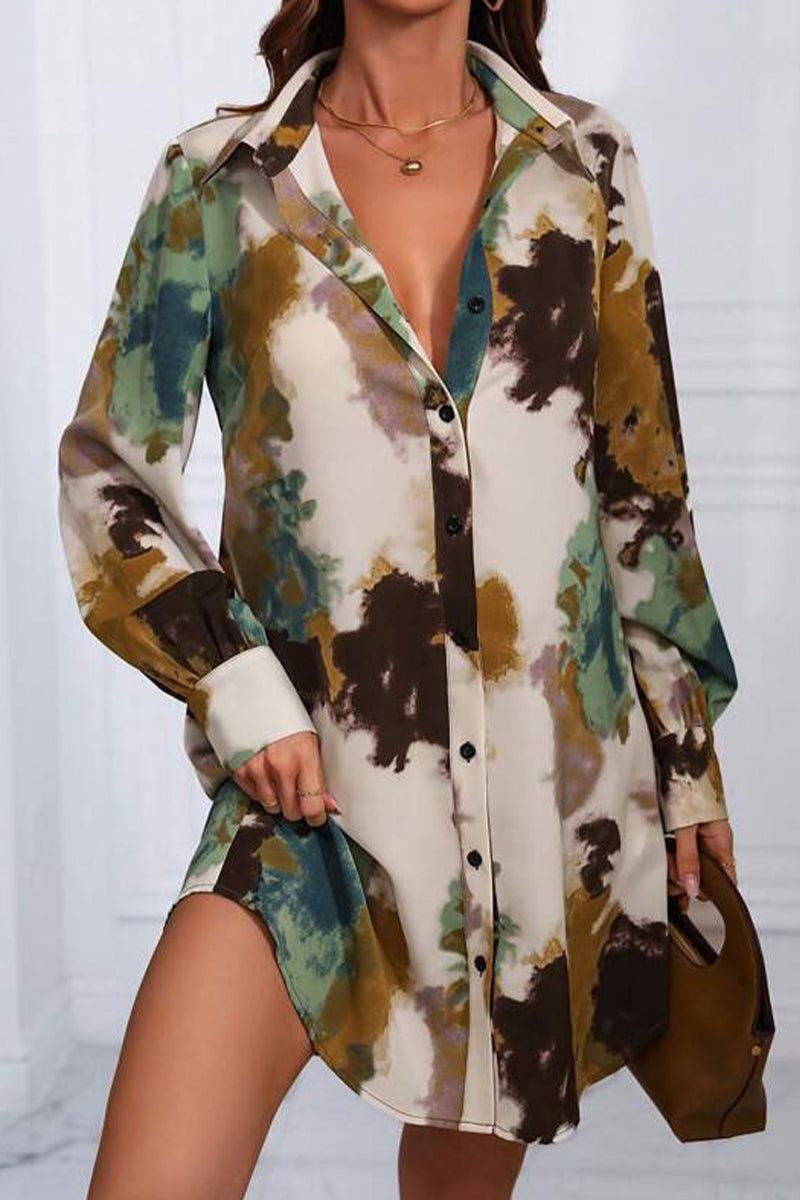 Casual Vintage Geometric Print Patchwork Turndown Collar Shirt Dress Dresses - Fashionpara