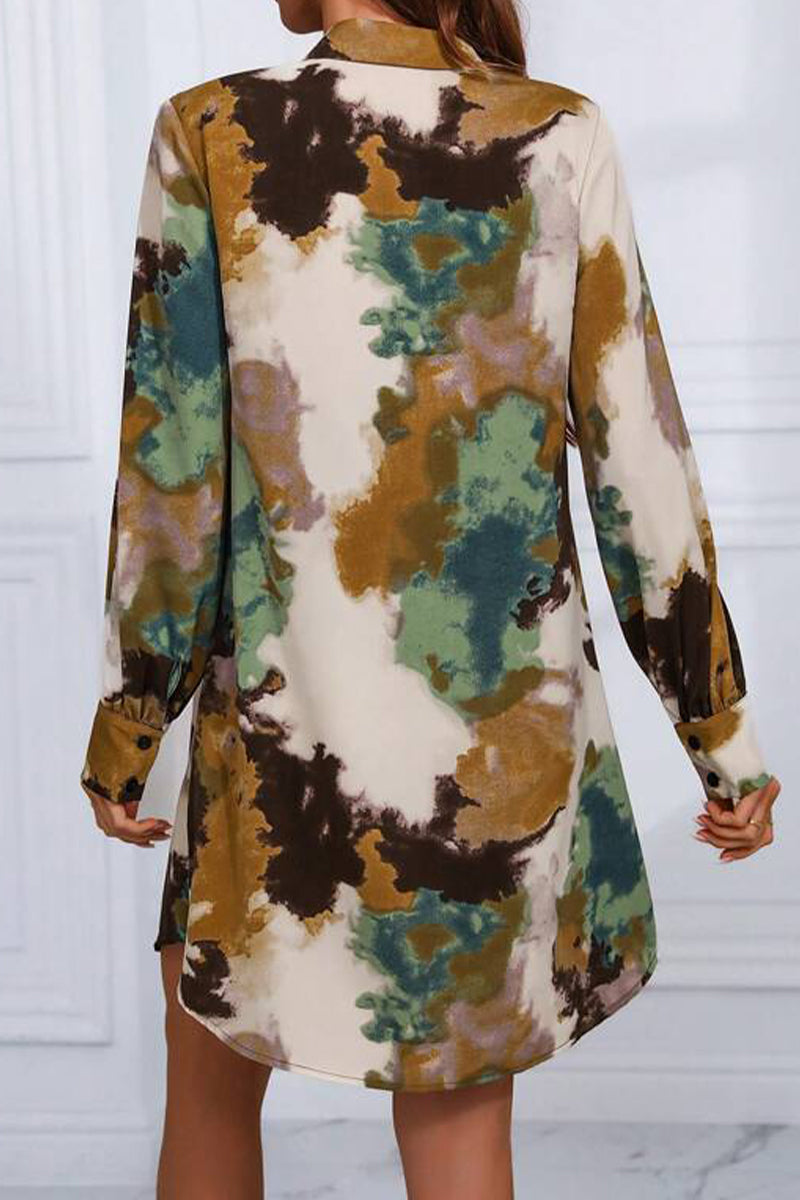 Casual Vintage Geometric Print Patchwork Turndown Collar Shirt Dress Dresses - Fashionpara