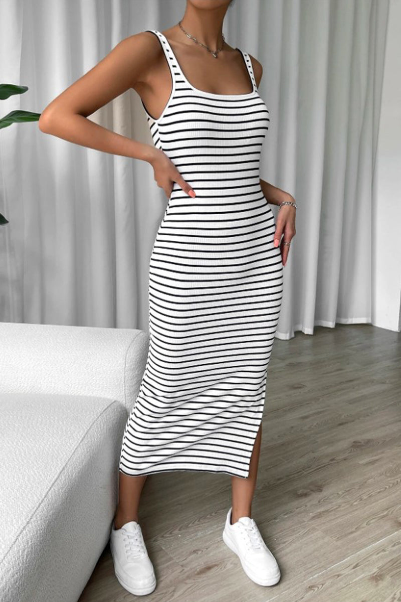 Casual Striped Print Backless U Neck One Step Skirt Dresses - Fashionpara