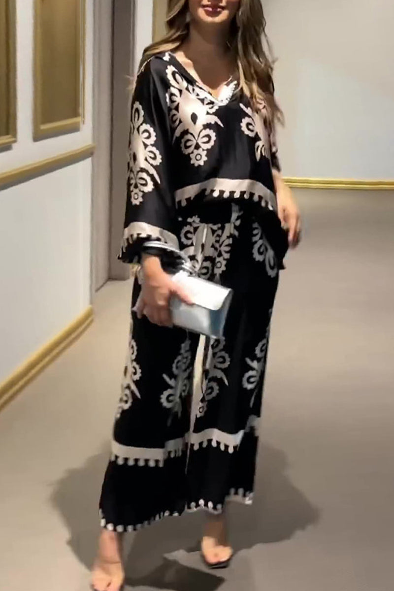 Casual Vintage Print Pocket Asymmetrical V Neck Long Sleeve Two Pieces - Fashionpara