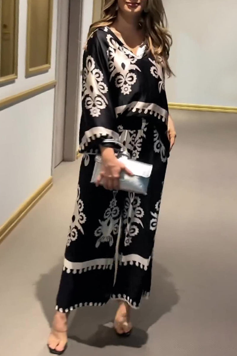 Casual Vintage Print Pocket Asymmetrical V Neck Long Sleeve Two Pieces - Fashionpara