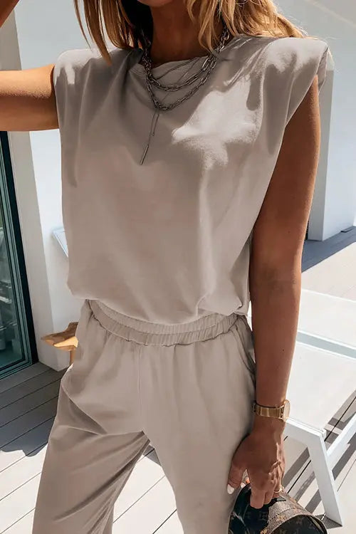 Padded Shoulder T Shirt Pants Set - Fashionpara