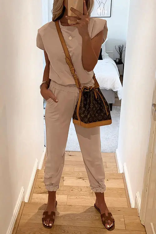 Padded Shoulder T Shirt Pants Set - Fashionpara