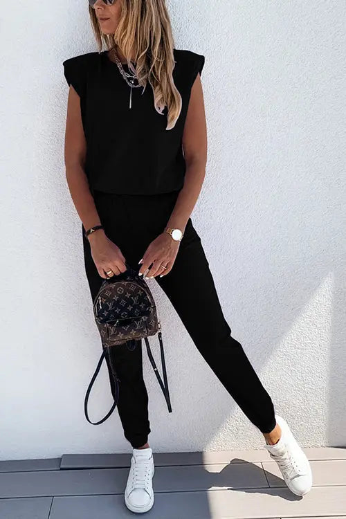 Padded Shoulder T Shirt Pants Set - Fashionpara