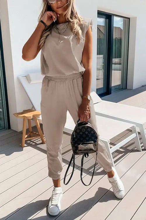 Padded Shoulder T Shirt Pants Set - Fashionpara