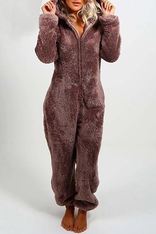 Fuzzy Hoodie Collar Jumpsuit Pajamas - Fashionpara