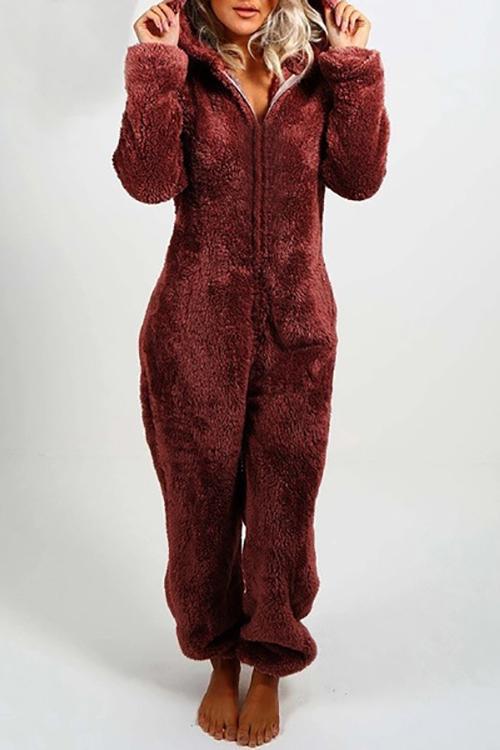 Fuzzy Hoodie Collar Jumpsuit Pajamas - Fashionpara