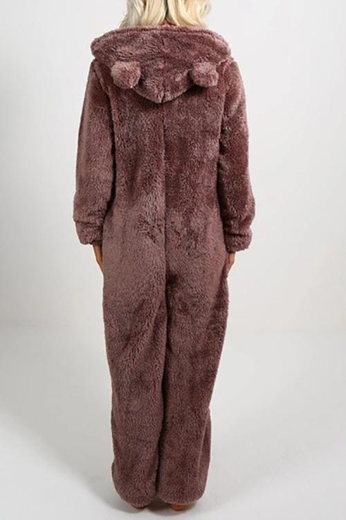 Fuzzy Hoodie Collar Jumpsuit Pajamas - Fashionpara
