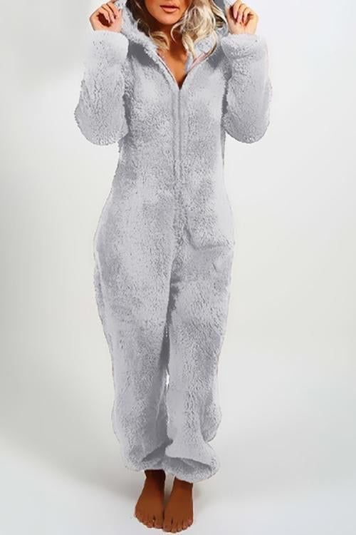 Fuzzy Hoodie Collar Jumpsuit Pajamas - Fashionpara