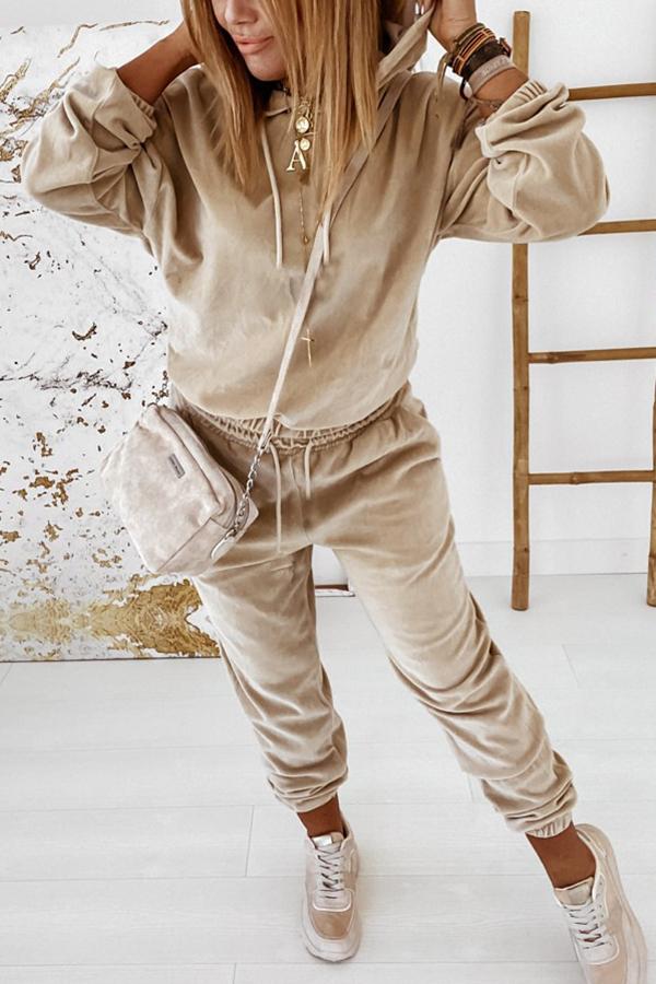 Velvet Drawstring Hooded Joggrt Set - Fashionpara