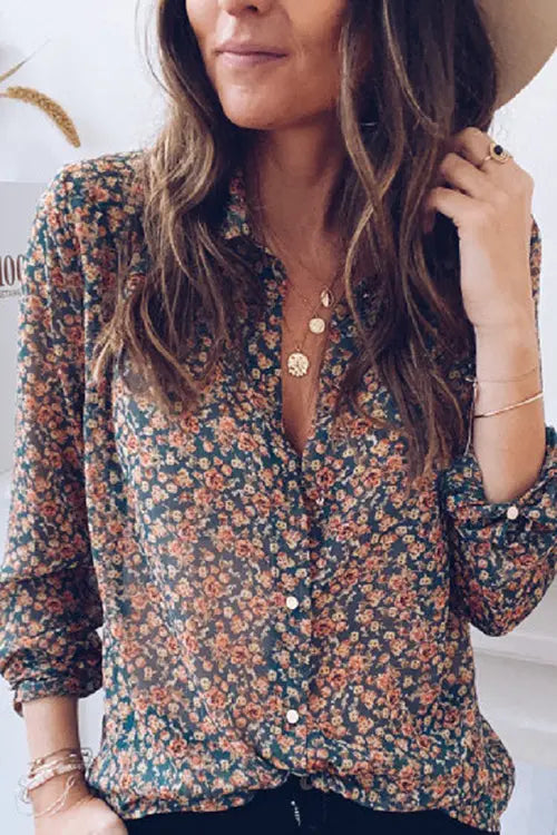 Print Button Long Sleeve Blouse - Fashionpara