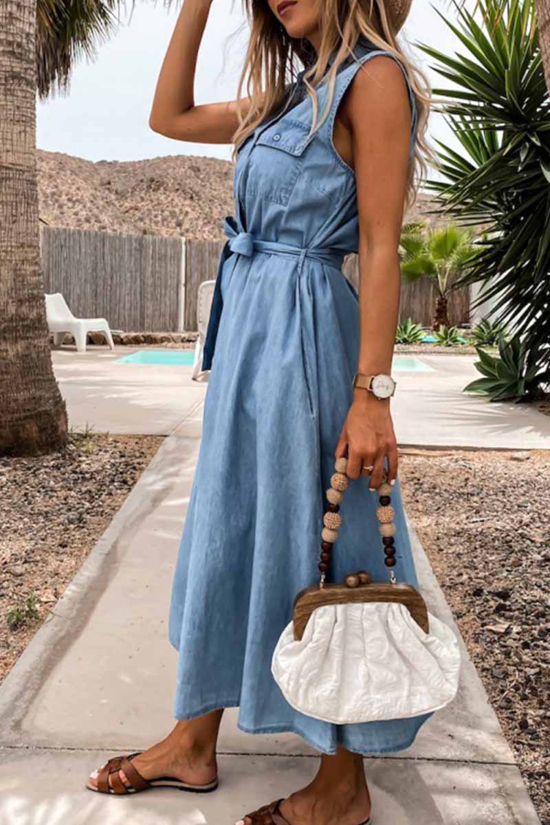 Florcoo Sleeveless Lace-Up Single-Breasted Denim Midi Dress - Fashionpara