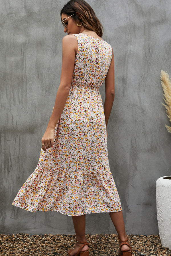 Floral Print V Neck Ruffle Hem Sleeveless Dress - Fashionpara