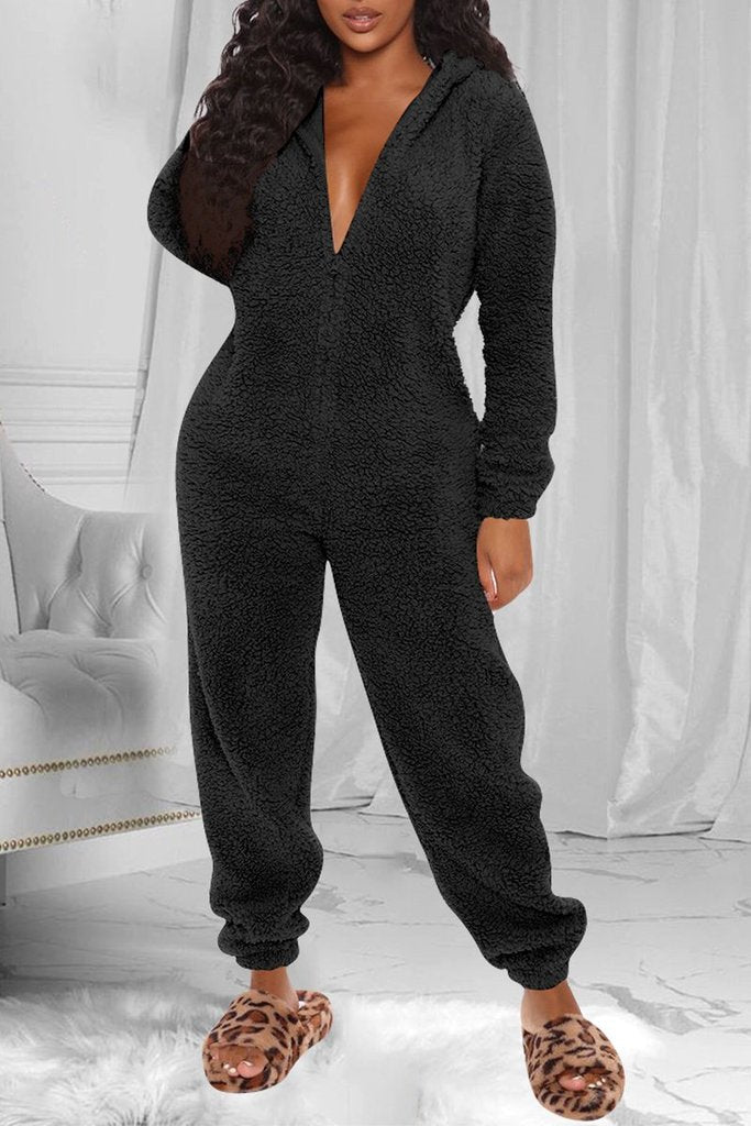 Fuzzy Hoodie Collar Jumpsuit Pajamas - Fashionpara
