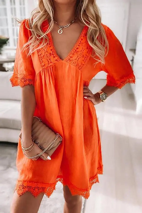 Lace Hem V Neck Mini Dress - Fashionpara
