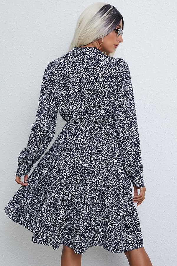 Long Sleeve Printed Lapel Midi Dress - Fashionpara