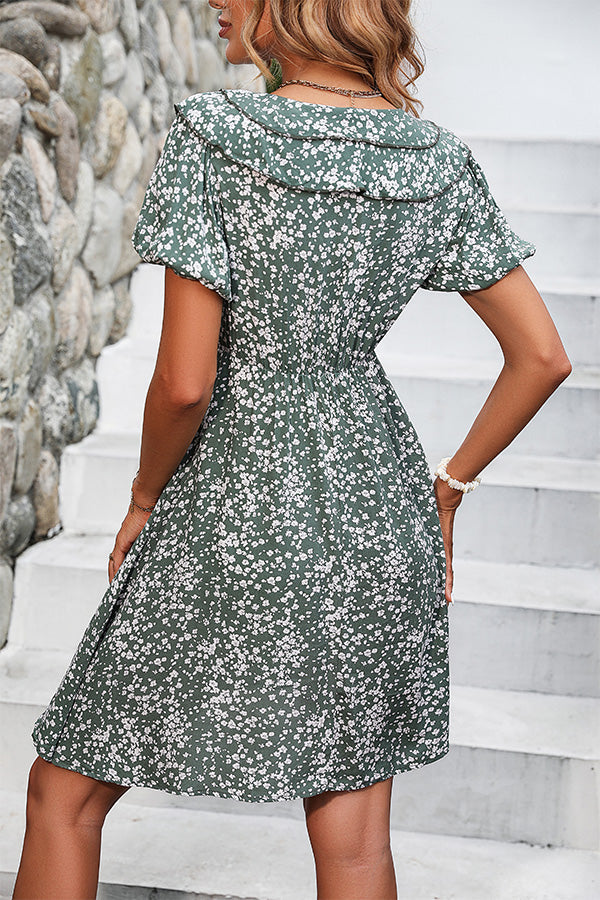Ruffled V Neck Short Sleeve Printed Mini Dress - Fashionpara