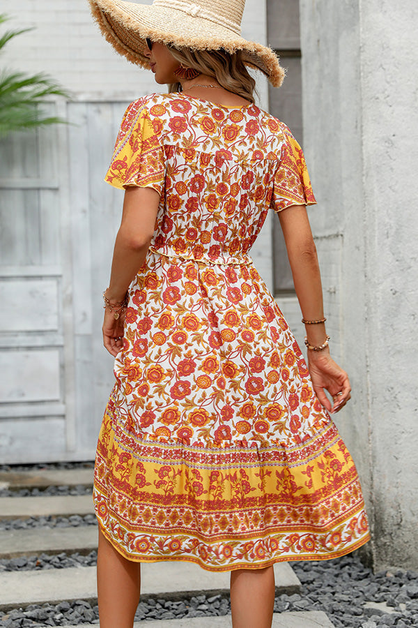 Bohemia Print V Neck Short Sleeve Casual Dress - Fashionpara