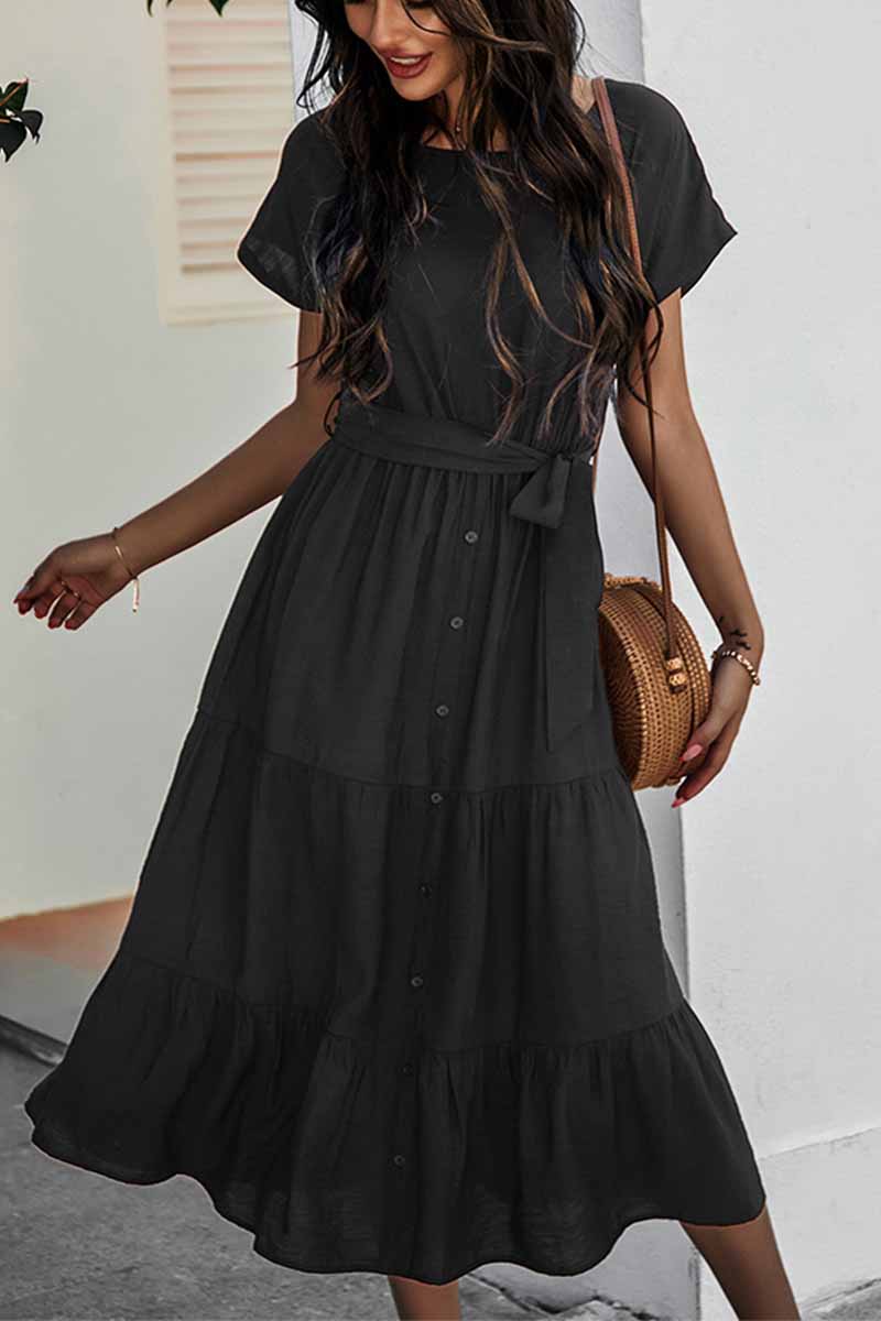 Florcoo Pure Color Simple Restraint Waist Midi Dress(3 Colors) - Fashionpara