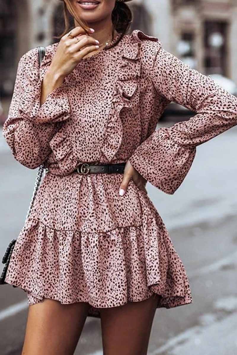Florcoo Ruffle Print Long Sleeves Mini Dress - Fashionpara