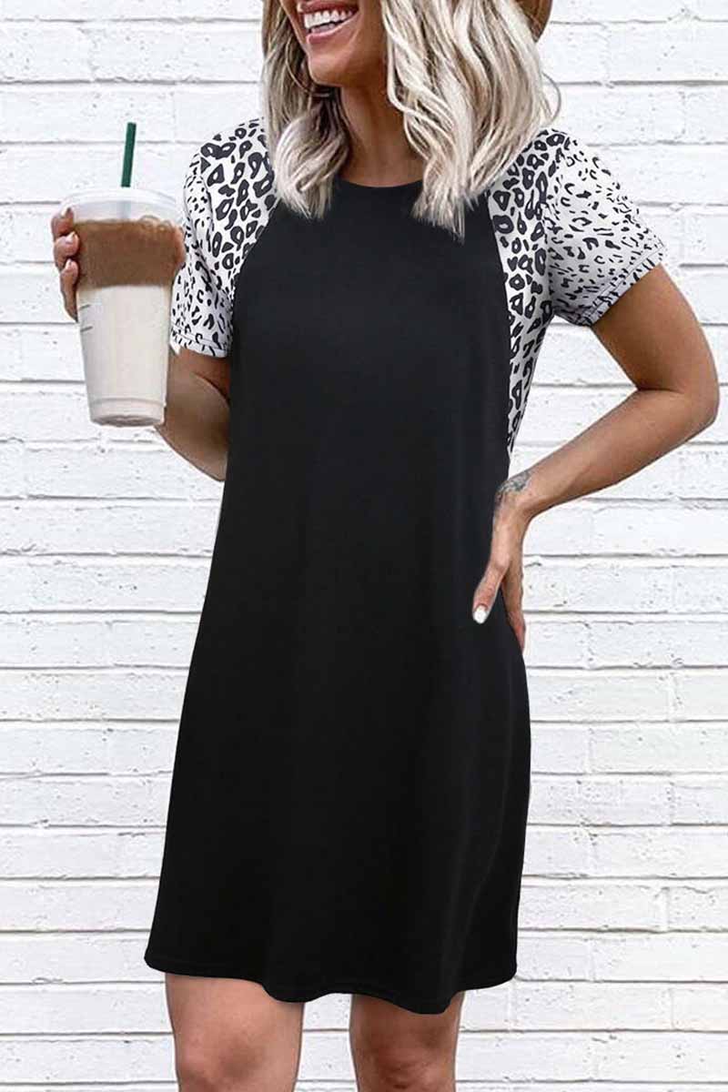 Florcoo Round Neck Rotator Sleeve Leopard Print Stitching Mini Dress - Fashionpara