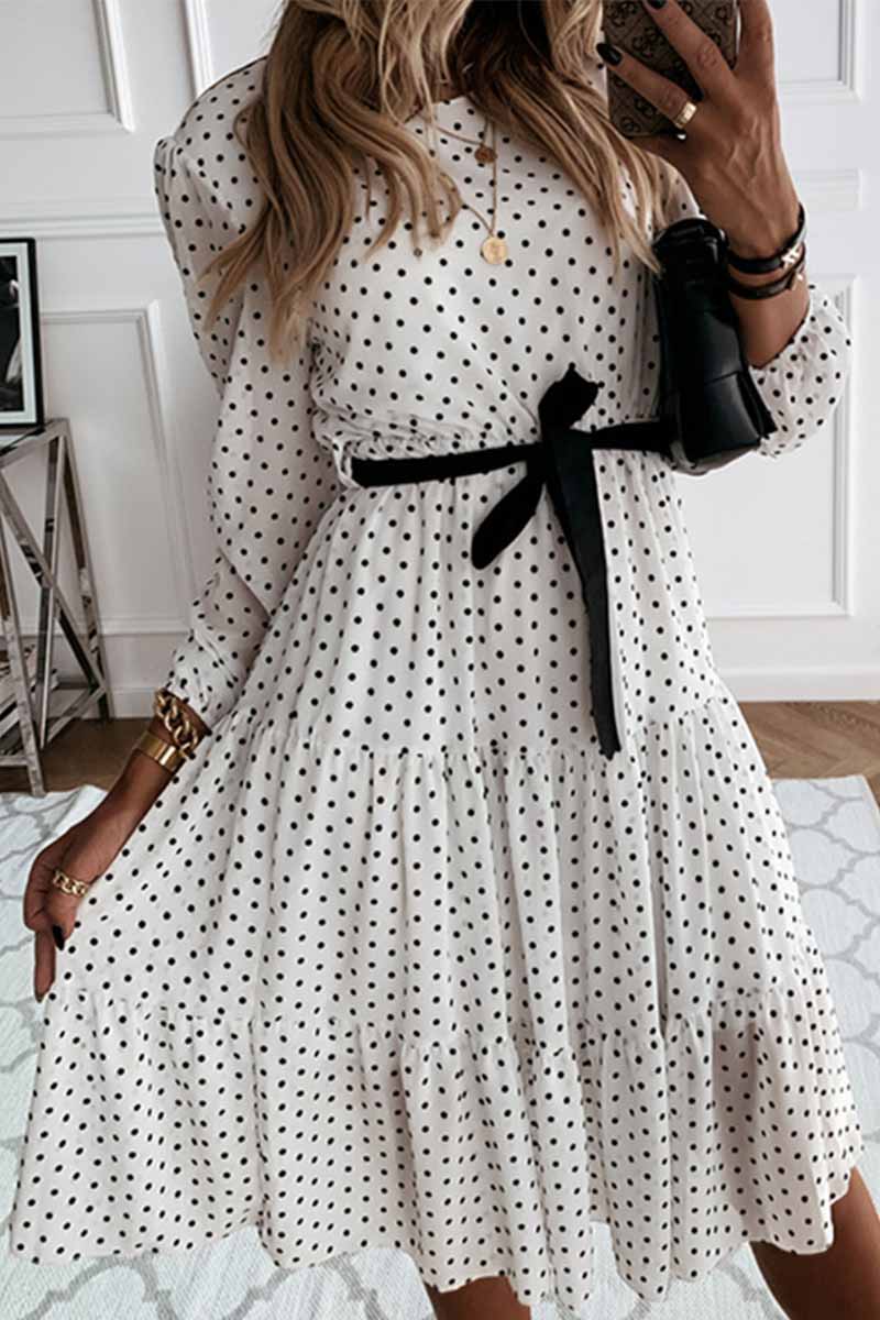 Florcoo Elegant White Black Dot Print Round Neck Tie Midi Dress - Fashionpara