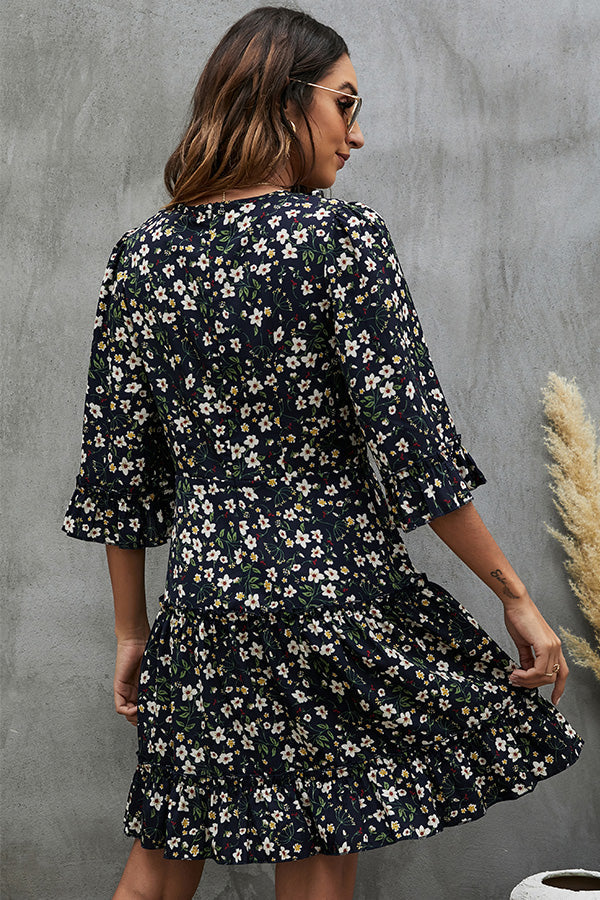 V Neck Half Sleeve Floral Print Mini Dress - Fashionpara