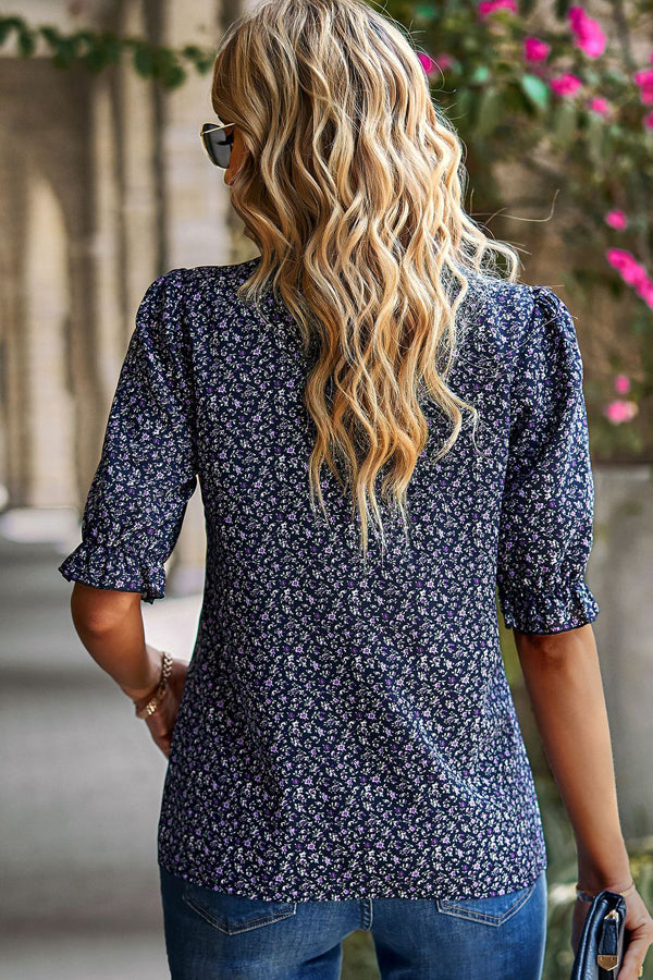 Floral Print Short Sleeve Ruffled Casual Tops - Fashionpara