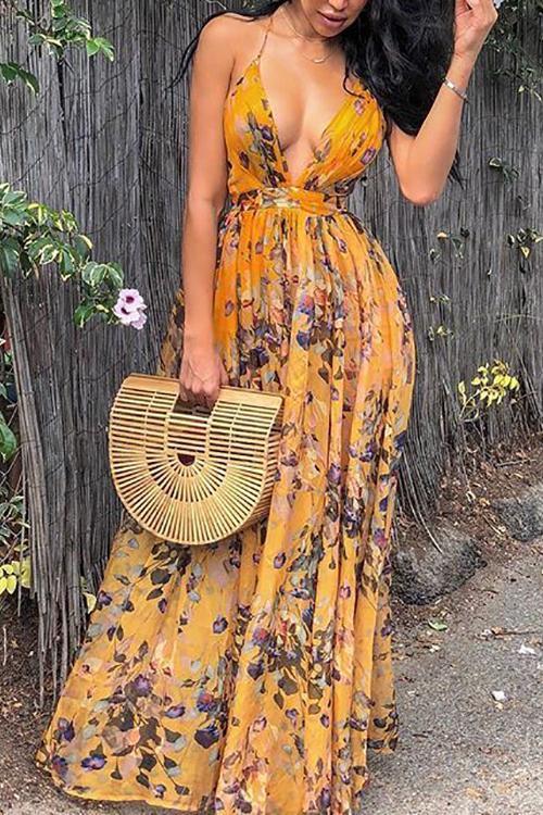 V Neck Backless Slip Maxi Dress - Fashionpara
