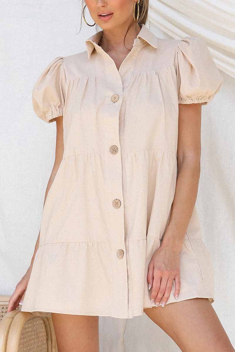 Florcoo Loose Lantern Sleeve Pleated Single Breasted Mini Dress - Fashionpara