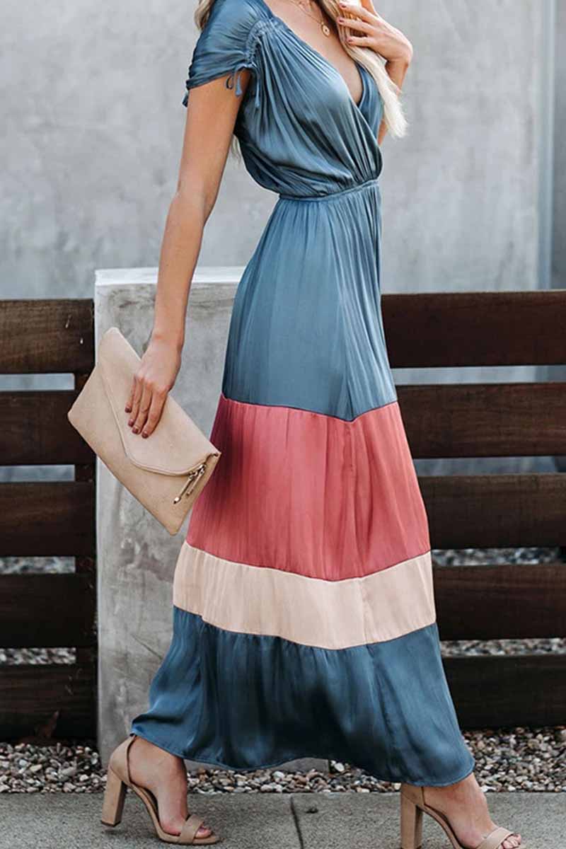 Florcoo Summer Loose Multicolor Stitching V-Neck Short Sleeves Midi Dress - Fashionpara