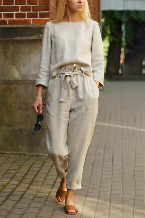 Linen O Neck Long Sleeve Pants Set - Fashionpara
