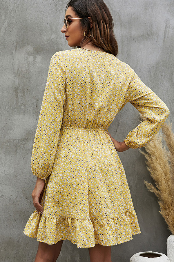 V Neck Floral Print Ruffled Mini Dress - Fashionpara