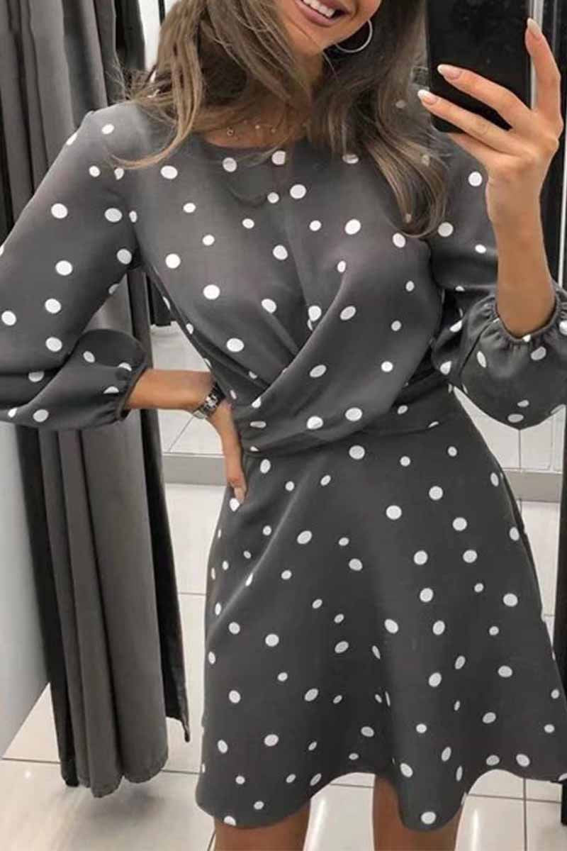 Florcoo Loose Round Neck Long Sleeve Polka Dot Mini Dress(4 Colors) - Fashionpara