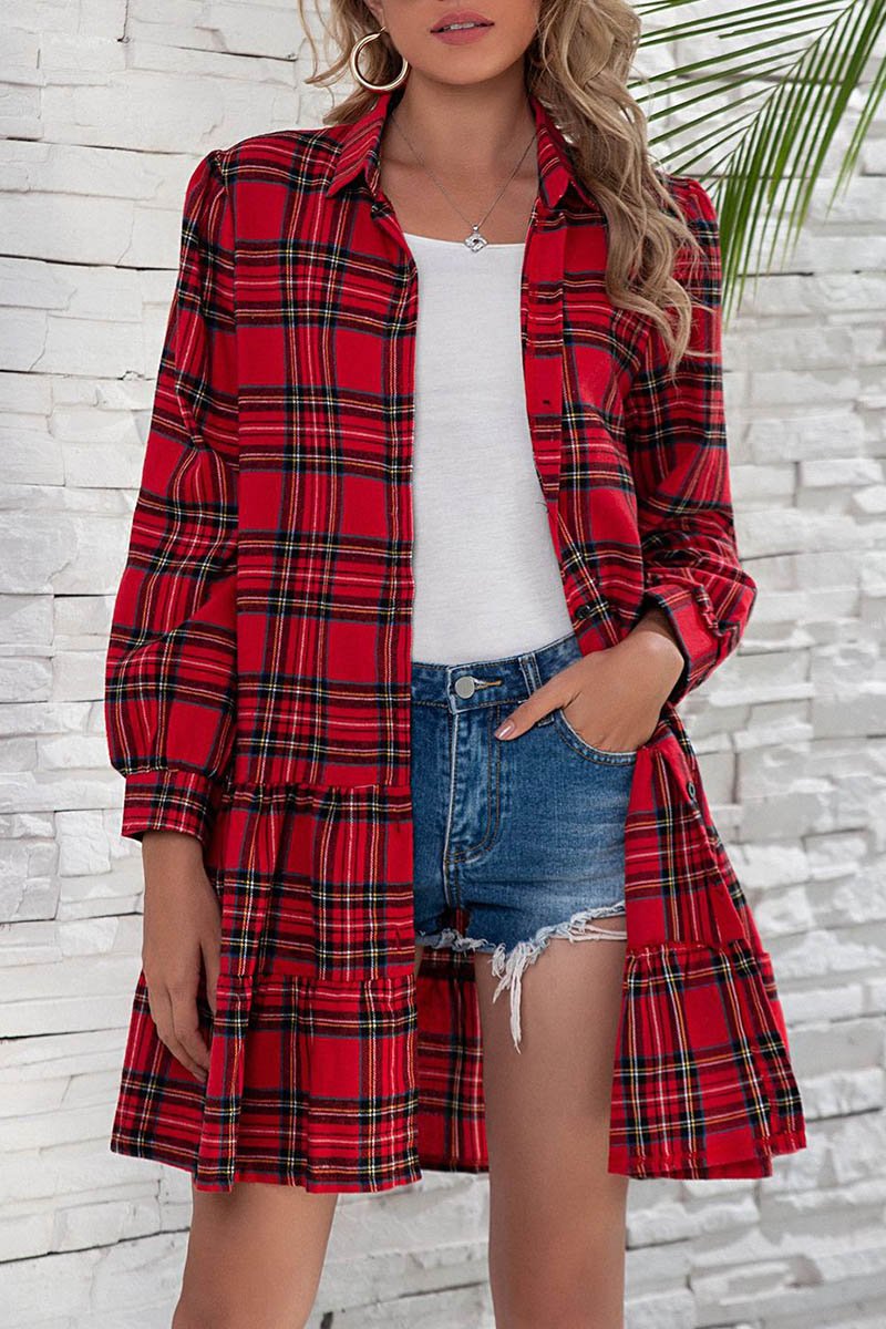 Florcoo Plaid Shirt Long Sleeve Single Dress - Fashionpara