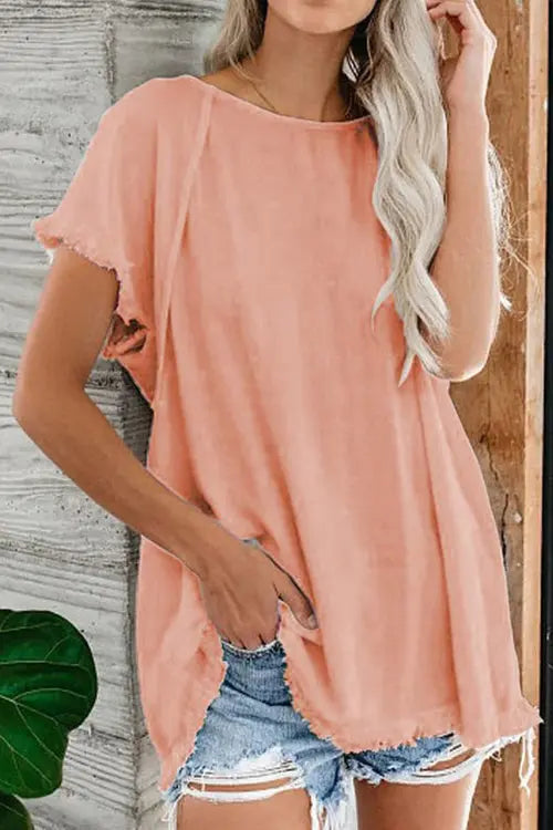 Raw Edge O Neck Short Sleeve T Shirt - Fashionpara