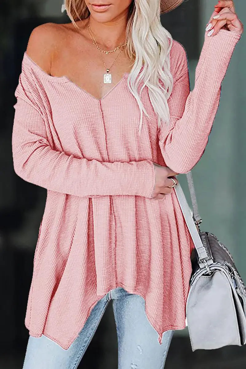 V Neck Irregular Long Sleeve T Shirt - Fashionpara