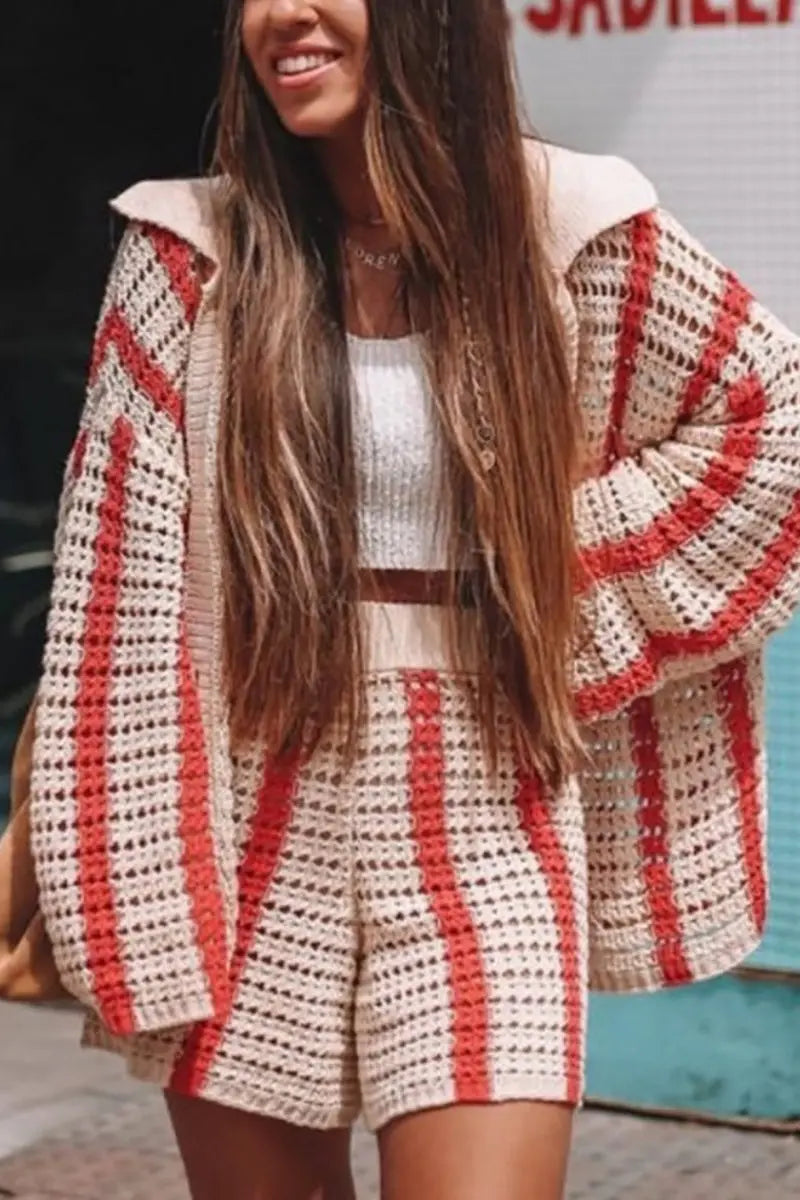 Head In The Clouds Crochet Cardigan Short Set - Fashionpara