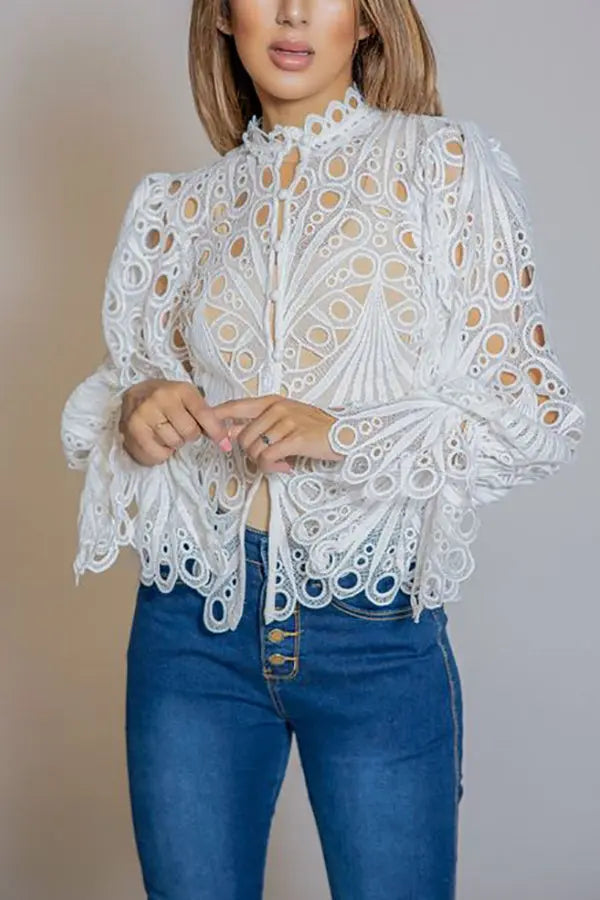 Hollow Lace Button Up Top - Fashionpara