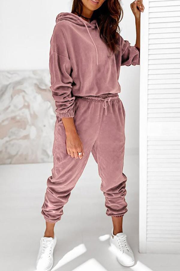Velvet Drawstring Hooded Joggrt Set - Fashionpara